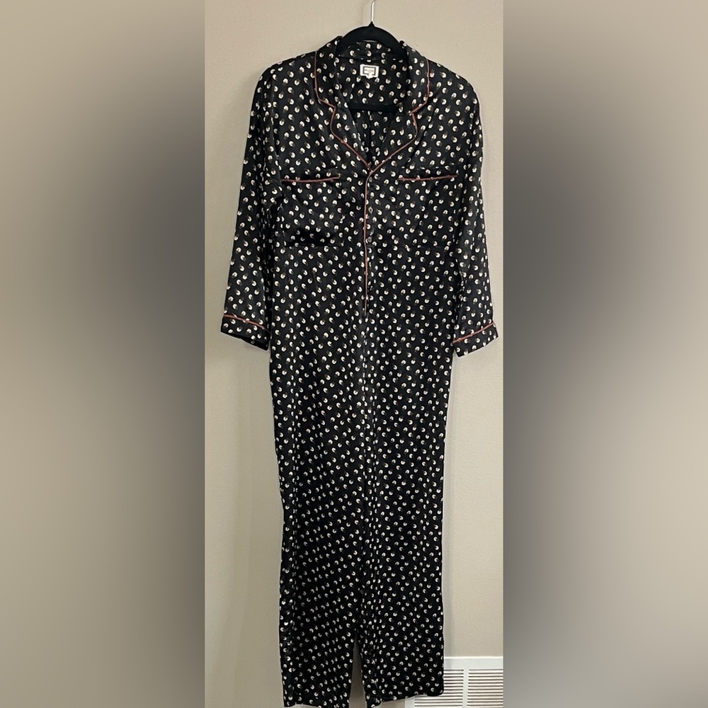 Mo Vint black satin jumpsuit pink floral print & contrast piping size XS small